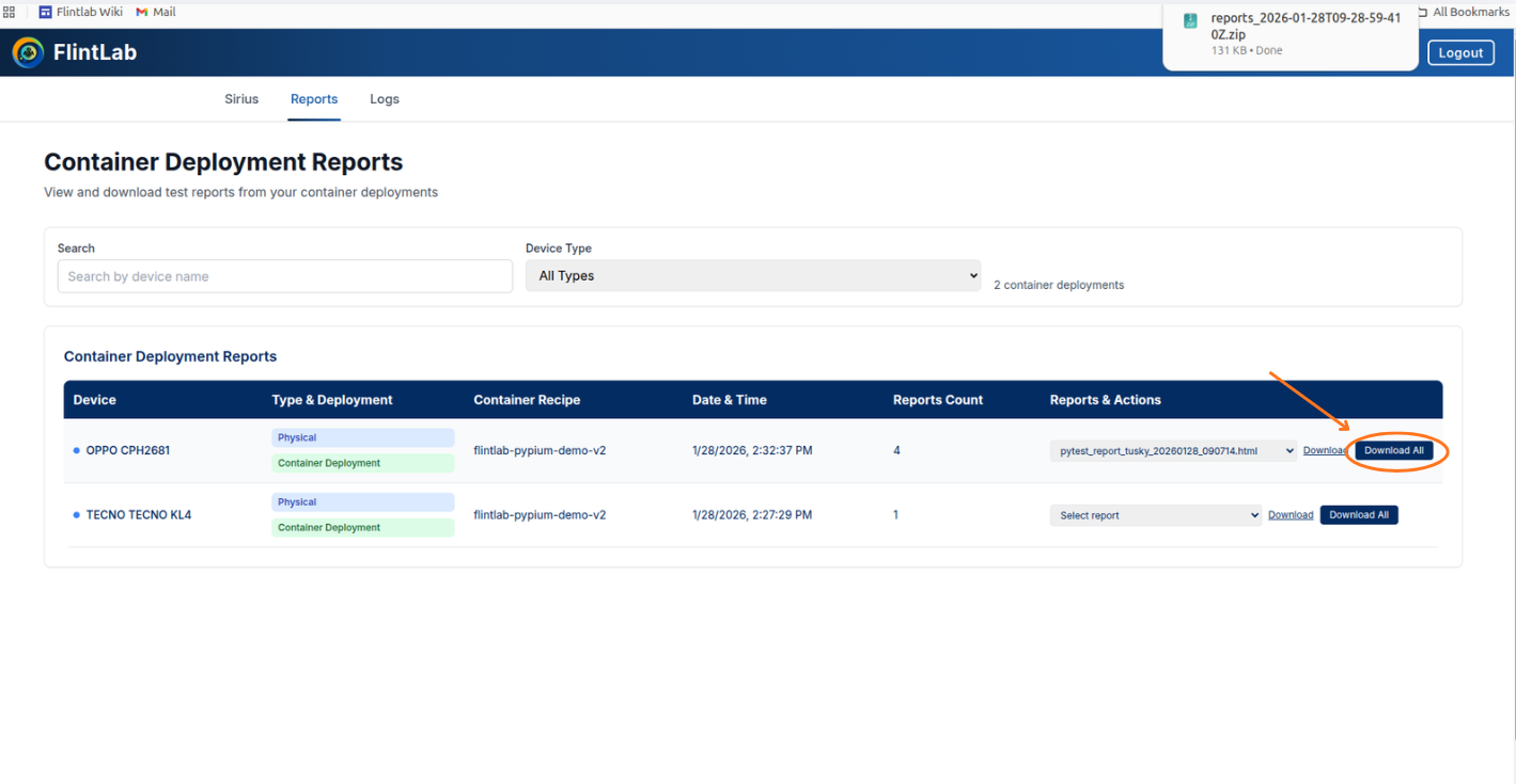 Download All Reports interface