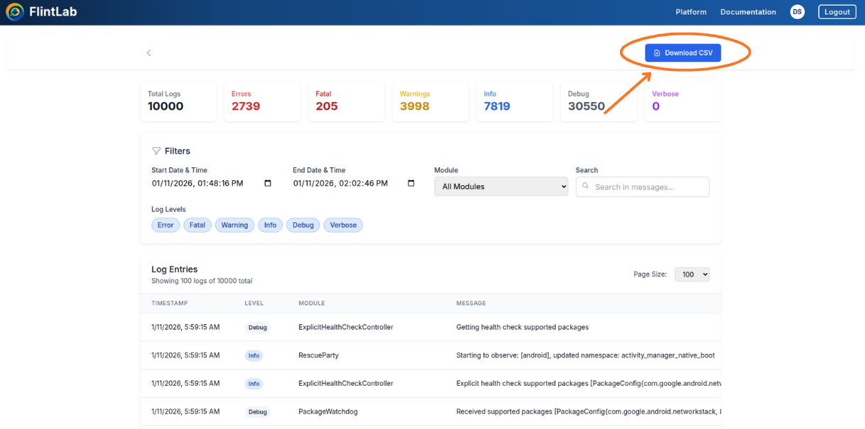 Download CSV interface