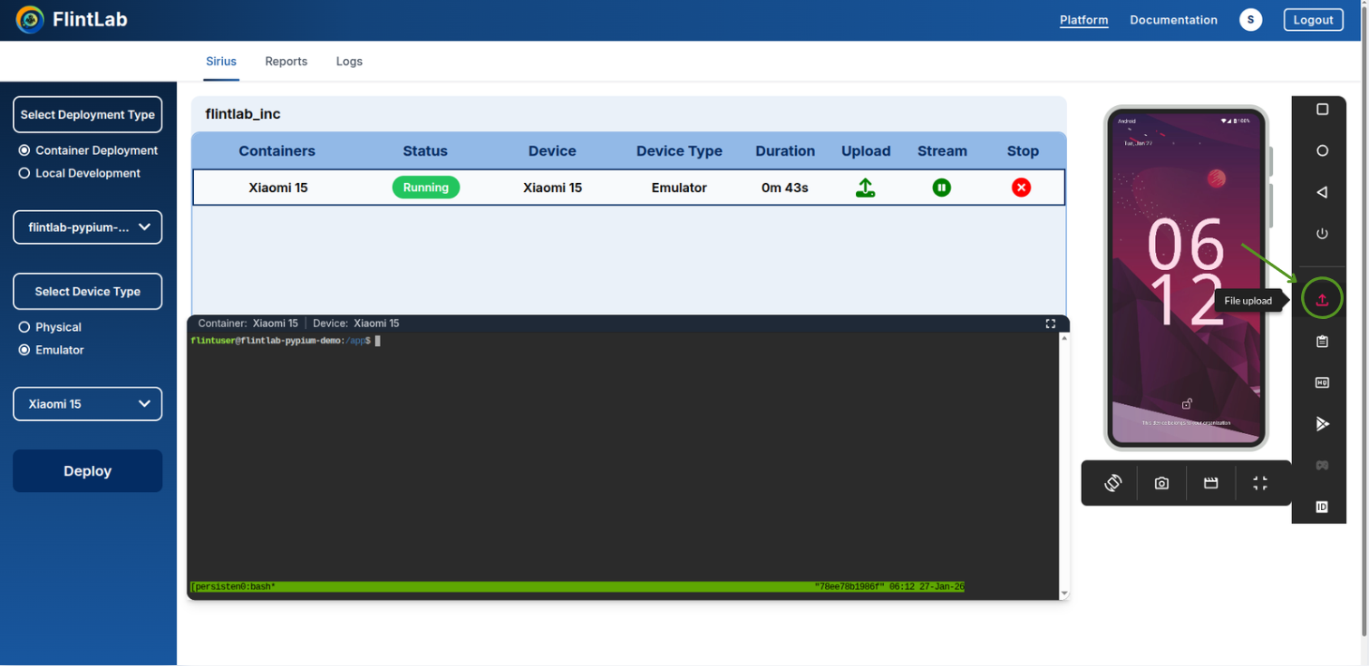 Upload APK interface on emulator