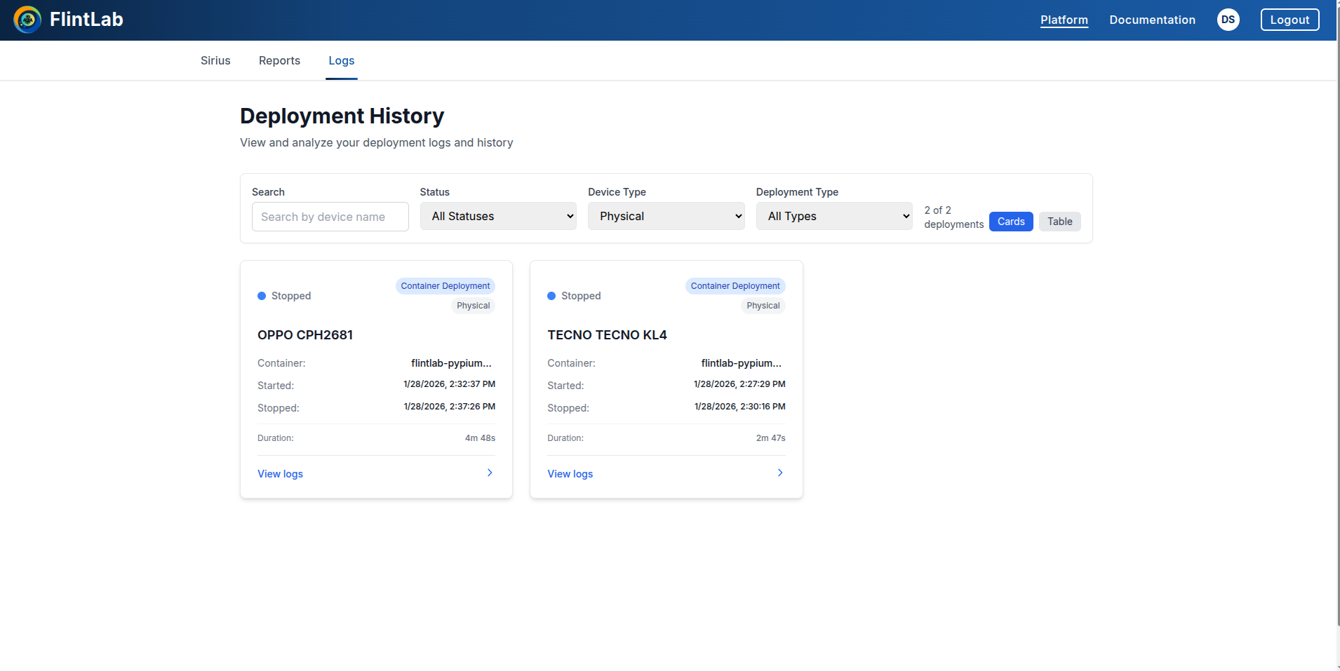 Logs tab in navigation bar