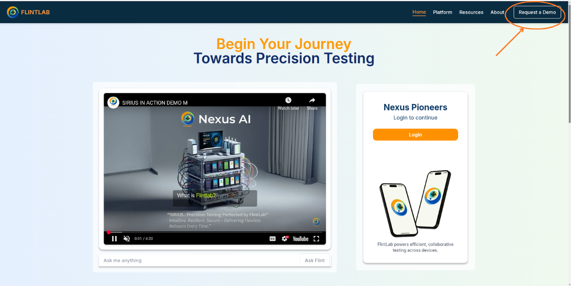 FlintLab website showing Request Demo button in top-right corner