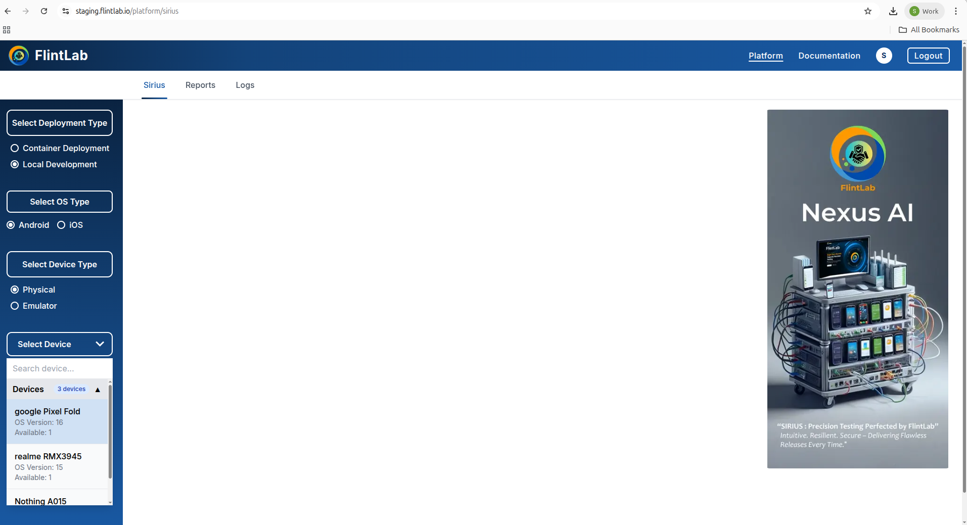 Device selection for manual testing