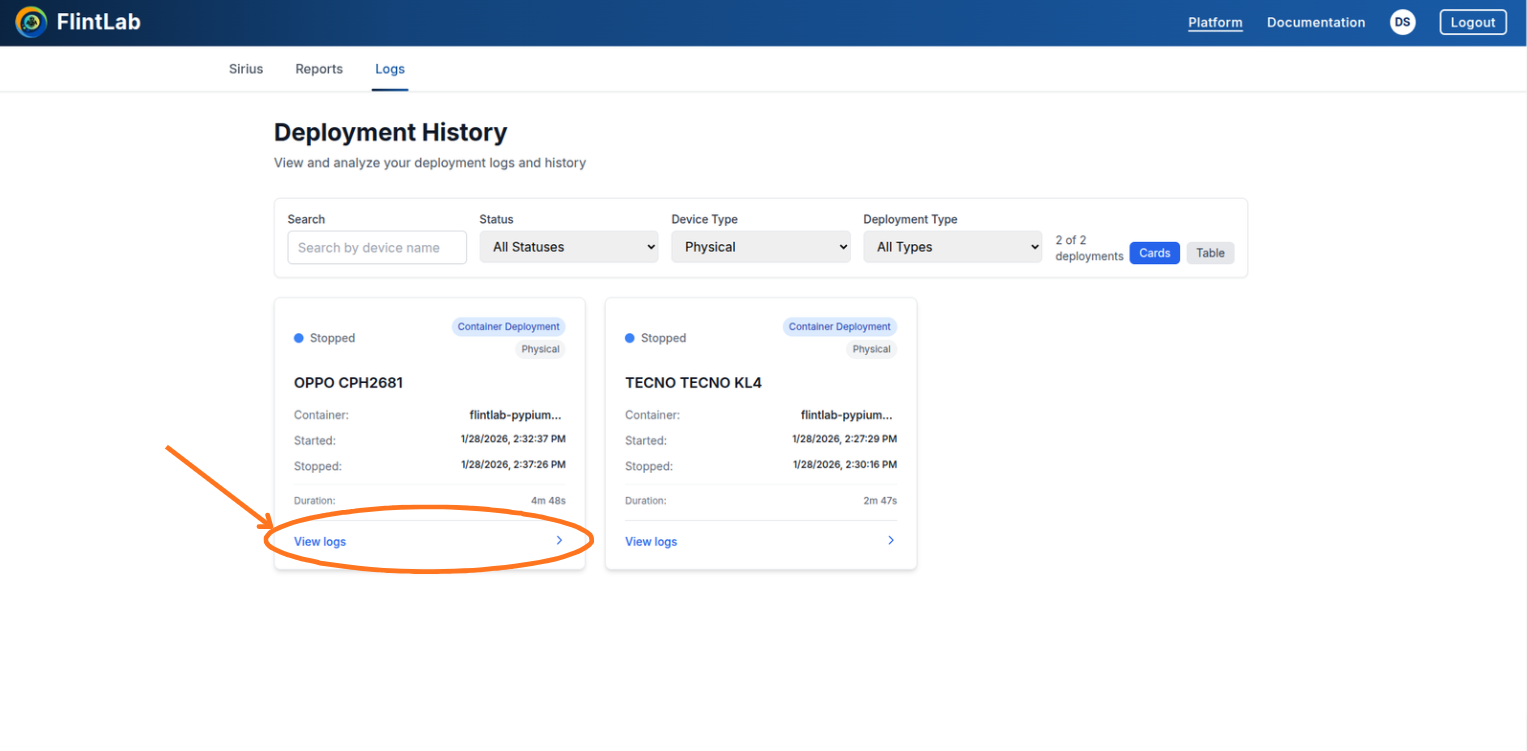 Selecting automation card from logs list