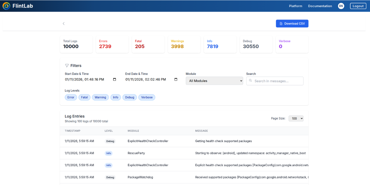 View Logs interface
